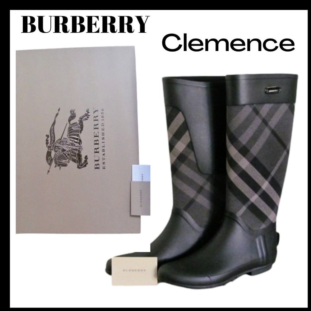 BURBERRY CLEMENCE CHARCOAL RAINBOOTS NOVA CHECK RAIN BOOTS + BOX EUR 38 US 7.5